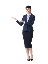 Photo of Beautiful stewardess showing something on white background