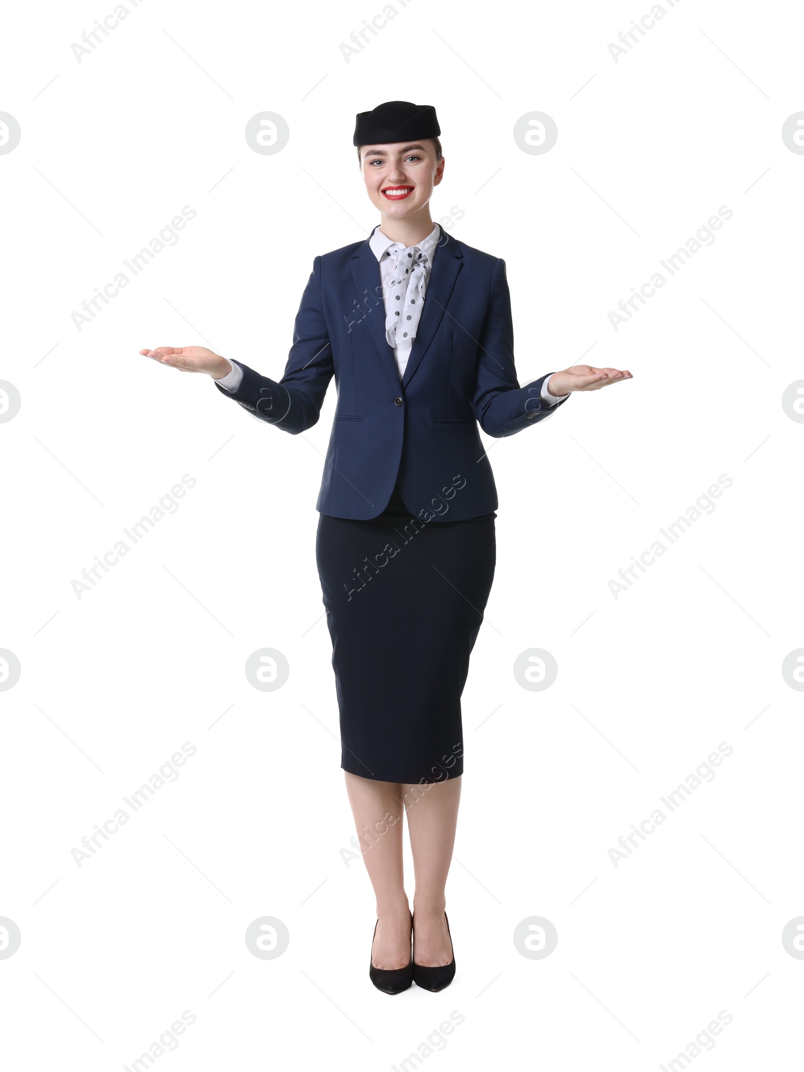 Photo of Positive stewardess doing pre-flight safety briefing on white background
