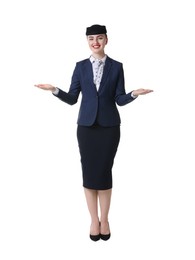 Photo of Positive stewardess doing pre-flight safety briefing on white background