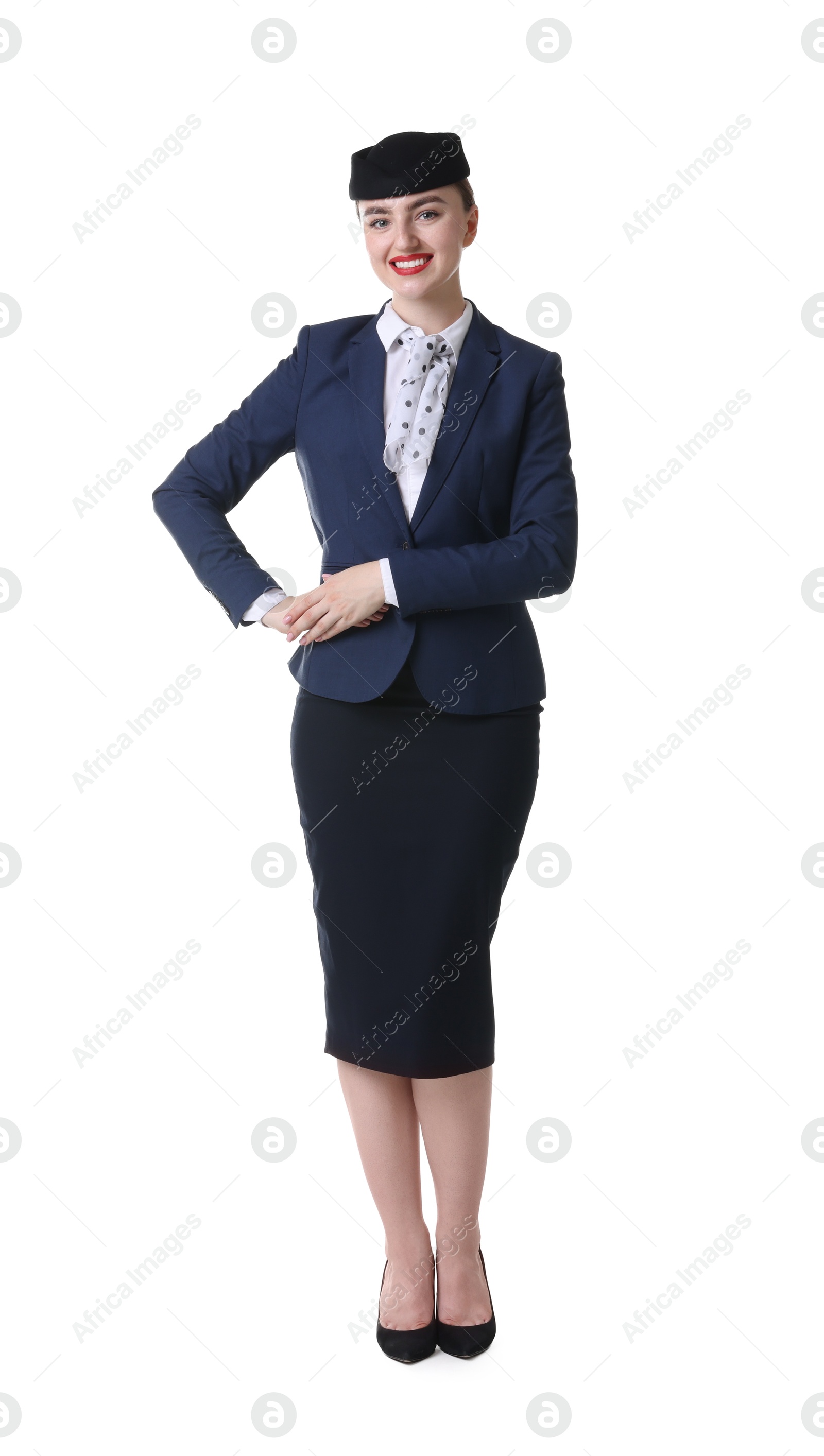 Photo of Charming stewardess in uniform on white background