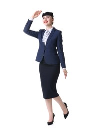 Photo of Charming stewardess in uniform on white background