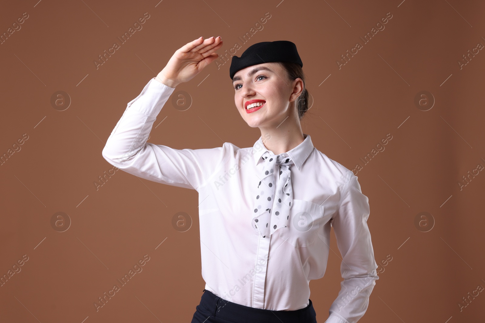 Photo of Charming stewardess in uniform on brown background