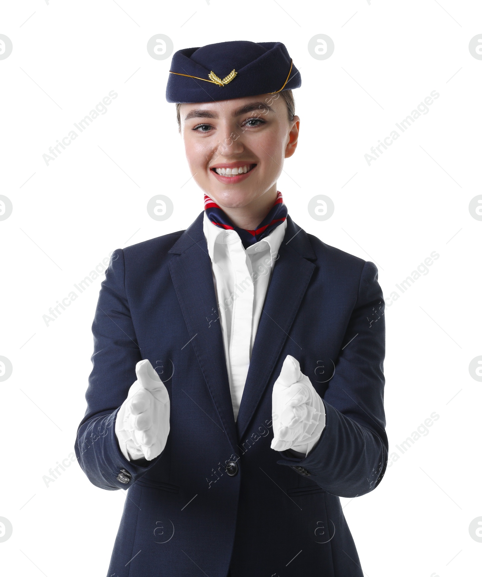 Photo of Positive stewardess doing pre-flight safety briefing on white background