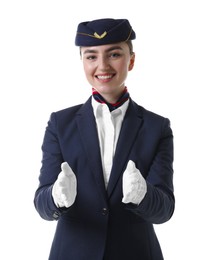 Photo of Positive stewardess doing pre-flight safety briefing on white background