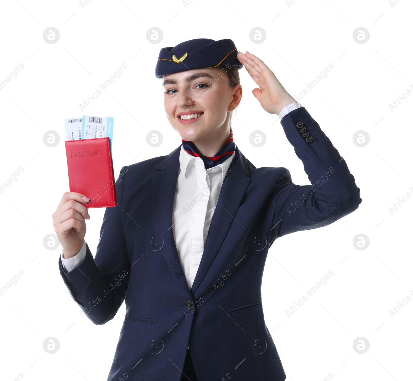 Photo of Smiling stewardess with passport and tickets on white background