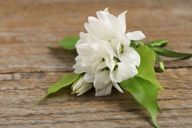 Photo of Boutonniere with beautiful flowers on wooden background, closeup
