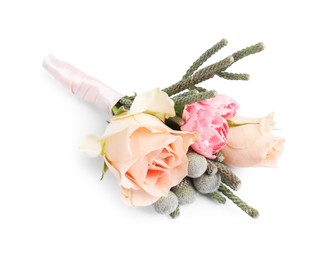 Photo of Boutonniere with beautiful flowers isolated on white