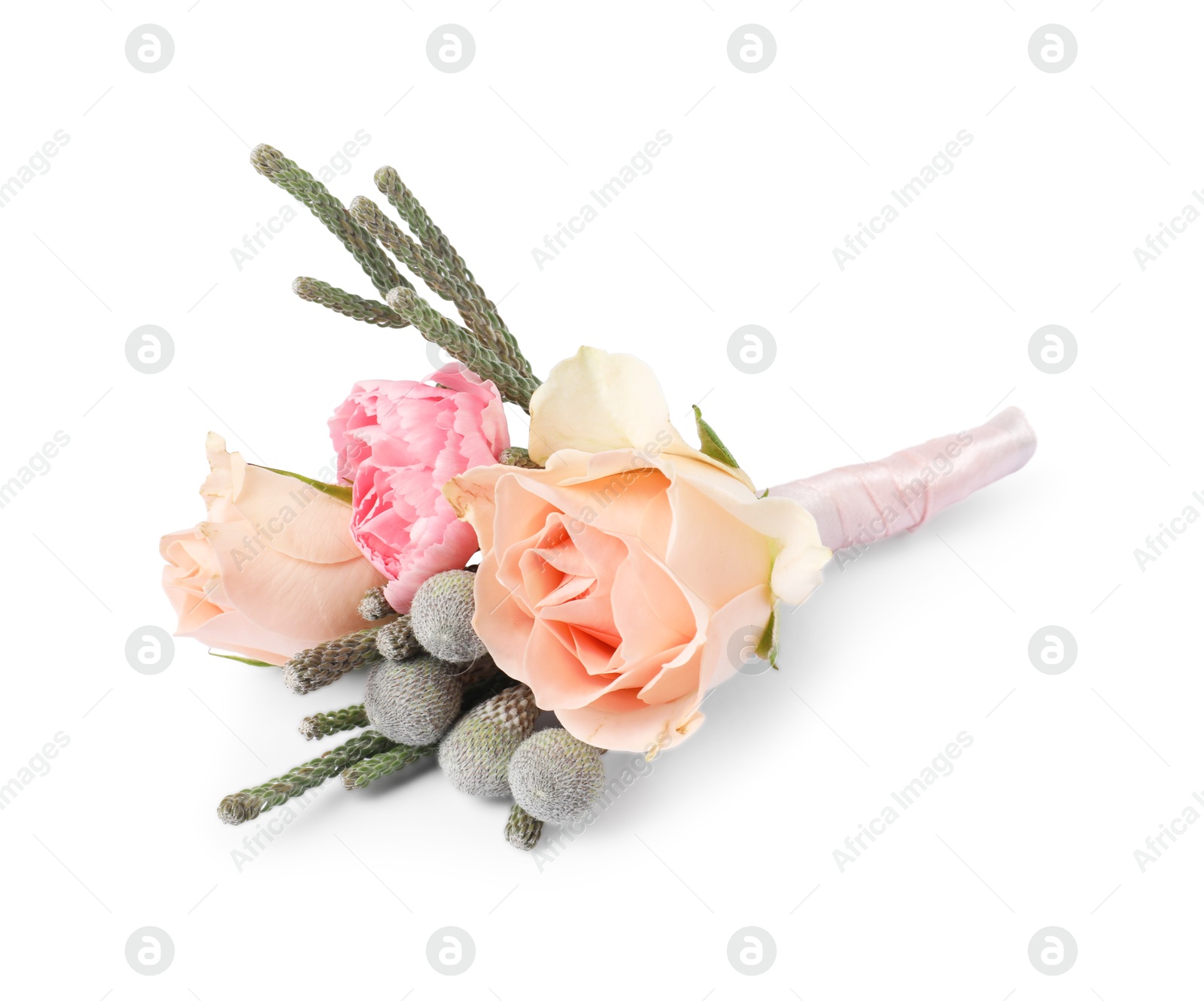 Photo of Boutonniere with beautiful flowers isolated on white