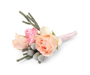 Photo of Boutonniere with beautiful flowers isolated on white