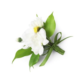 Photo of Boutonniere with beautiful flowers isolated on white, top view
