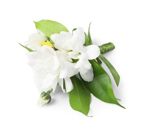 Photo of Boutonniere with beautiful flowers isolated on white