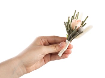Photo of Woman with beautiful boutonniere on white background, closeup