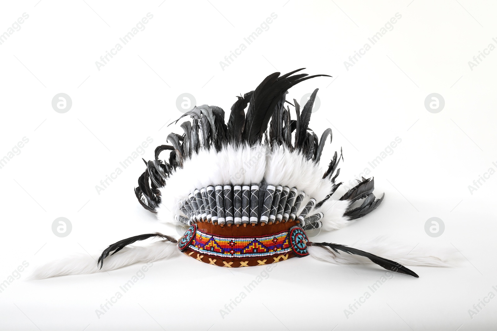 Photo of Traditional warbonnet (Native American chief headdress) isolated on white
