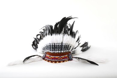 Photo of Traditional warbonnet (Native American chief headdress) isolated on white