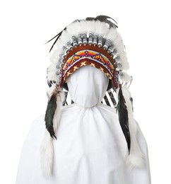 Photo of Traditional warbonnet (Native American chief headdress) isolated on white
