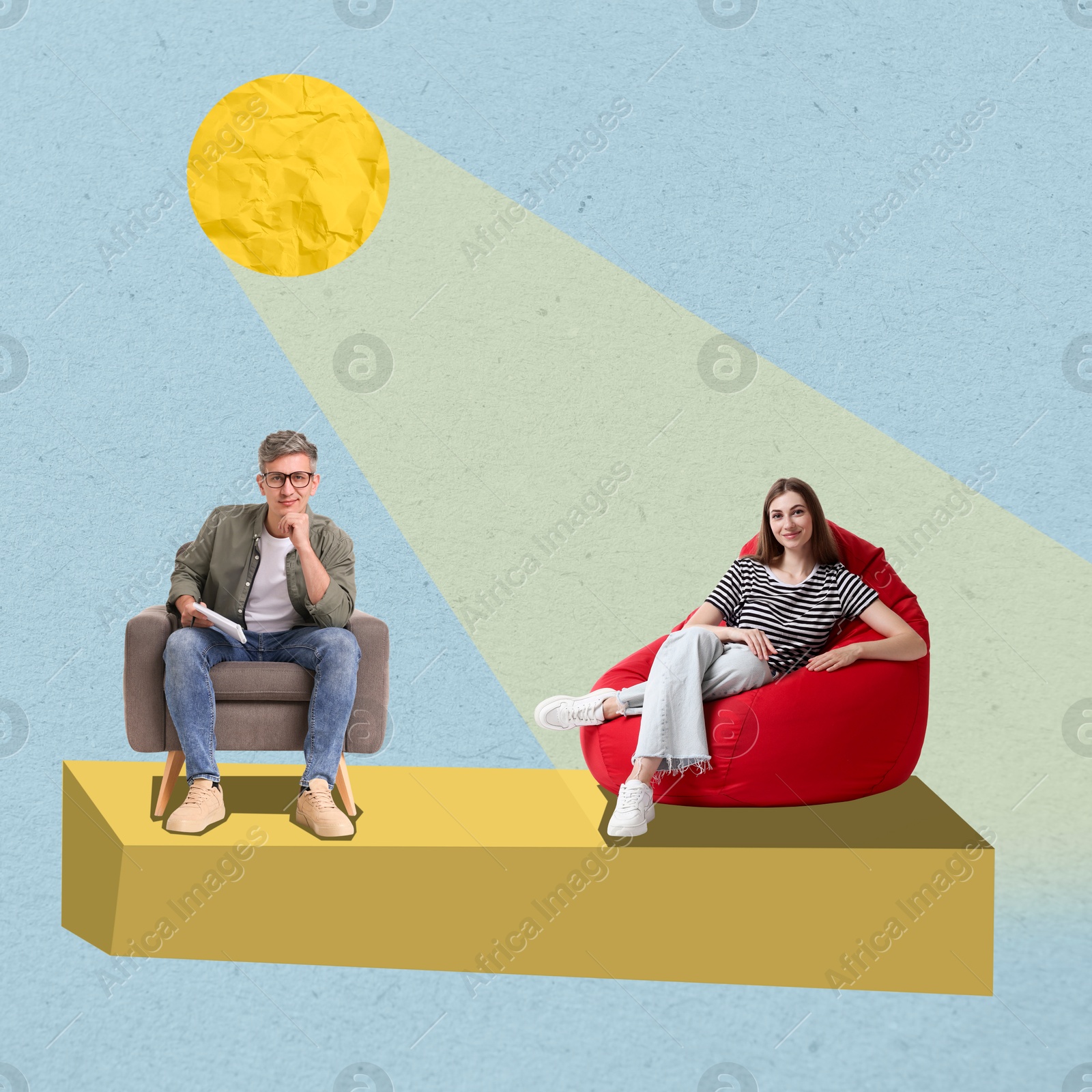 Image of Psychologist and client, creative collage. Woman under light symbolizing positive result of therapy