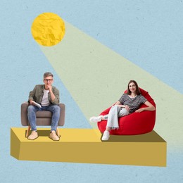 Image of Psychologist and client, creative collage. Woman under light symbolizing positive result of therapy