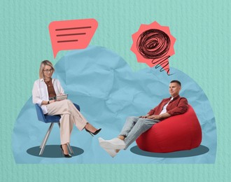 Image of Creative collage showing psychologist working with client. Speech balloons above man and woman