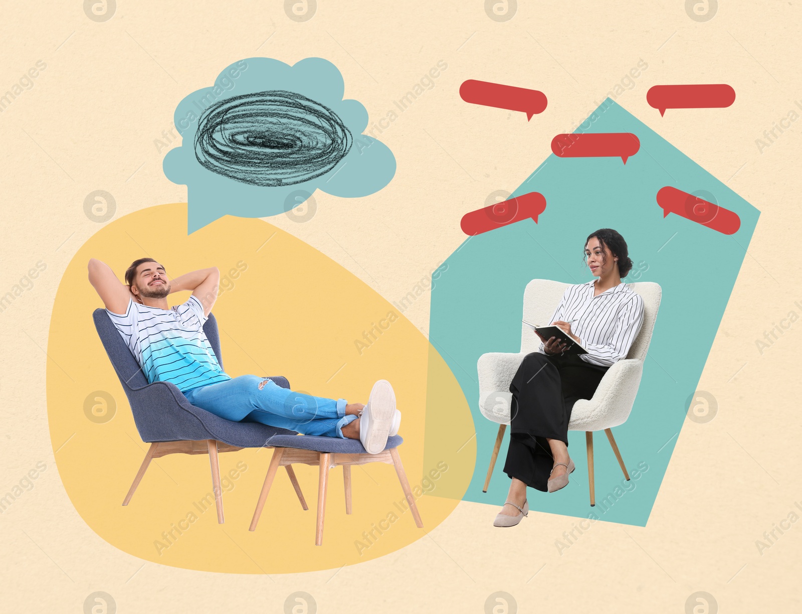 Image of Psychologist working with client, creative collage. Speech balloons above man and woman