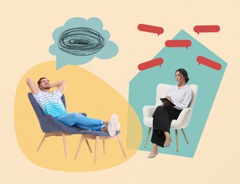 Image of Psychologist working with client, creative collage. Speech balloons above man and woman