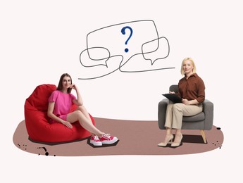 Image of Speech balloons between psychologist and client. Creative collage representing therapy