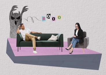 Image of Psychologist working with client, creative collage. Scary monster behind man representing his problems