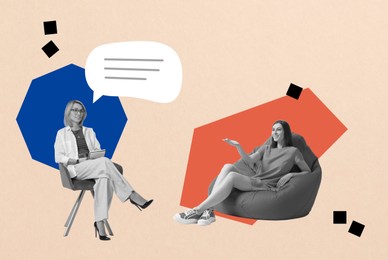 Image of Psychologist working with client, creative collage. Speech balloon above woman
