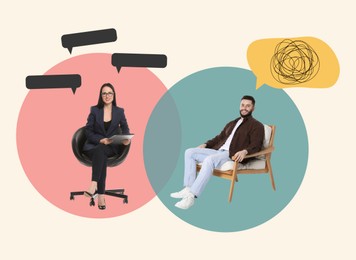 Image of Psychologist and client, creative collage. Speech balloons above them