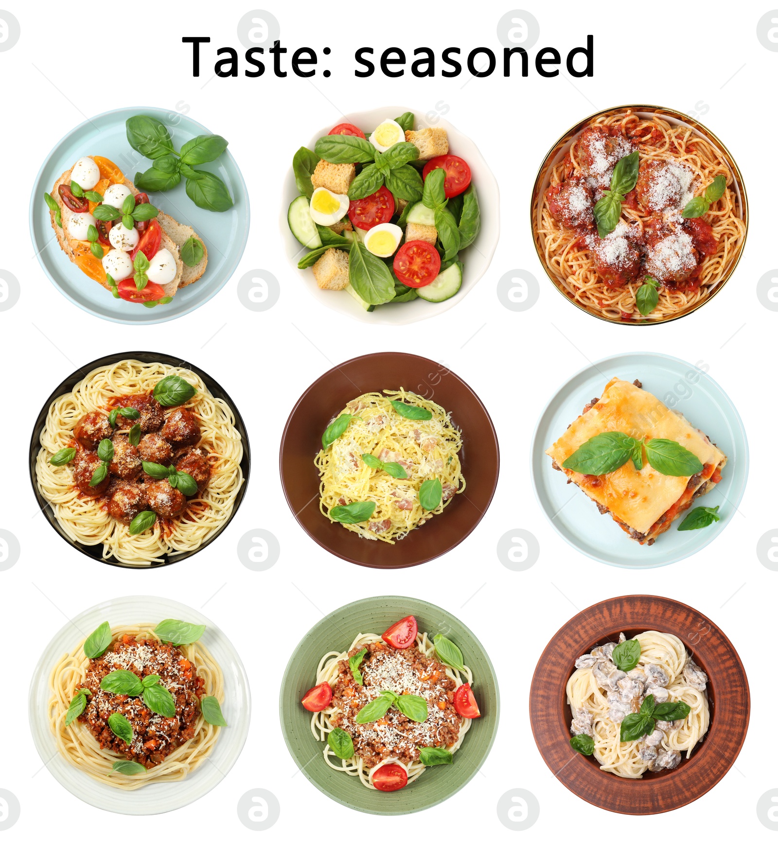 Image of Seasoned taste. Collection of dishes with added basil on white background,, top view