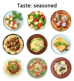 Image of Seasoned taste. Collection of dishes with added basil on white background,, top view