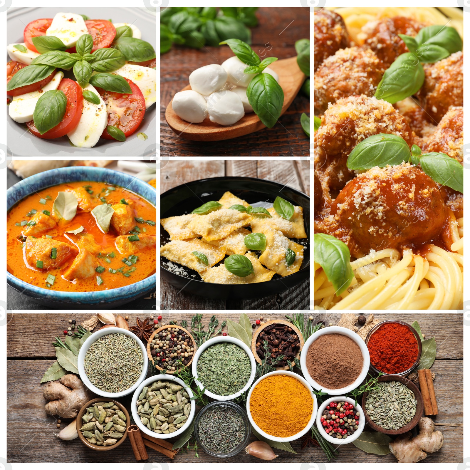 Image of Seasoned taste. Collection of dishes with added herbs and set of spices