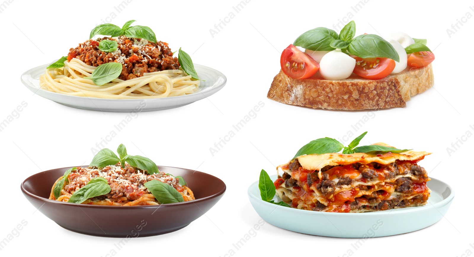 Image of Seasoned taste. Collection of dishes with added basil on white background
