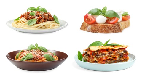 Image of Seasoned taste. Collection of dishes with added basil on white background