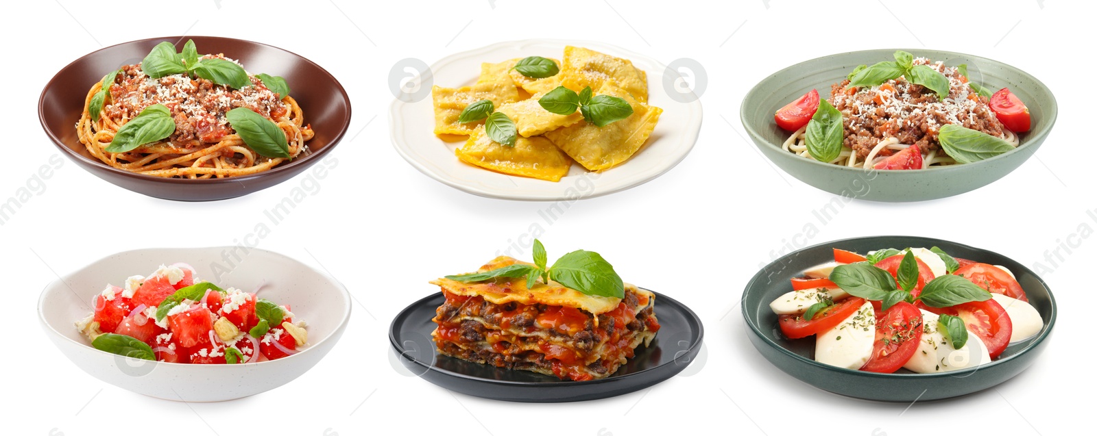 Image of Seasoned taste. Collection of dishes with added basil on white background