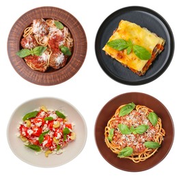 Image of Seasoned taste. Collection of dishes with added basil on white background, top view
