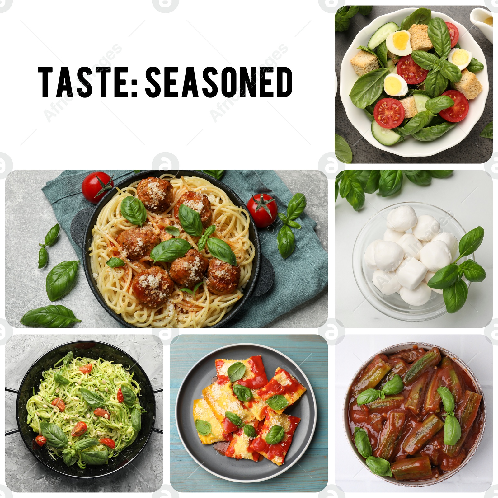 Image of Seasoned taste. Collection of dishes with added basil on white background, top view