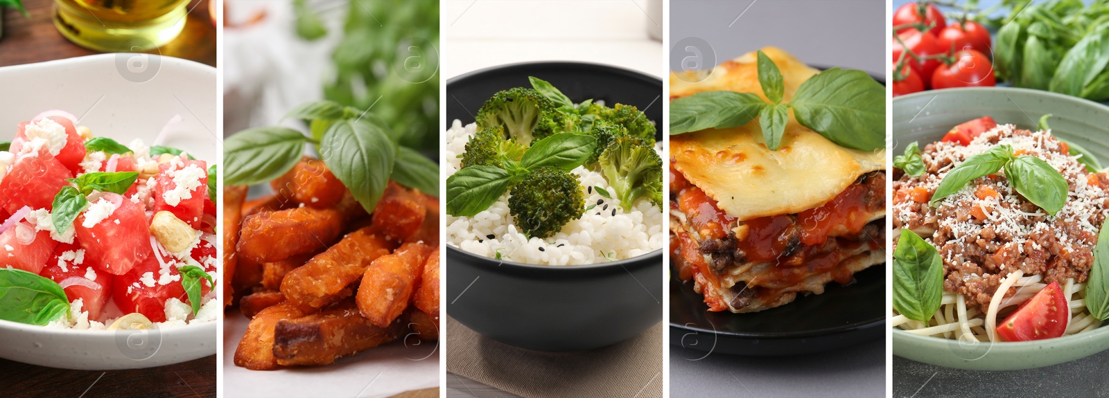 Image of Seasoned taste. Collection of dishes with added basil