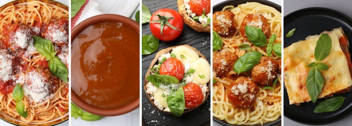 Image of Seasoned taste. Collection of dishes with added basil, top view