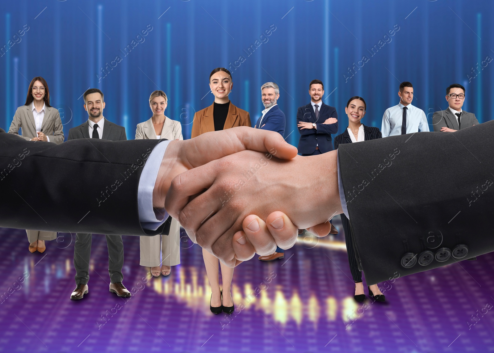 Image of Partners shaking hands against group of business people