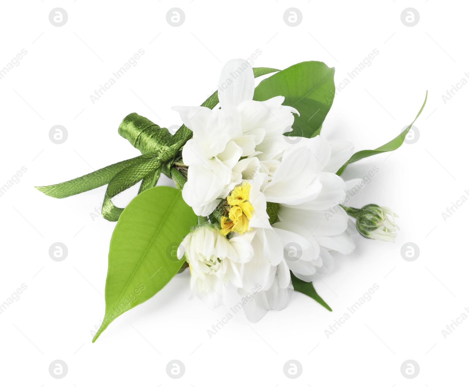 Photo of Boutonniere with beautiful flowers isolated on white