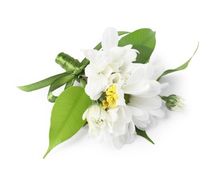 Photo of Boutonniere with beautiful flowers isolated on white