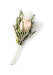 Photo of Boutonniere with beautiful flowers isolated on white, top view