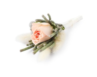 Photo of Boutonniere with beautiful flowers isolated on white