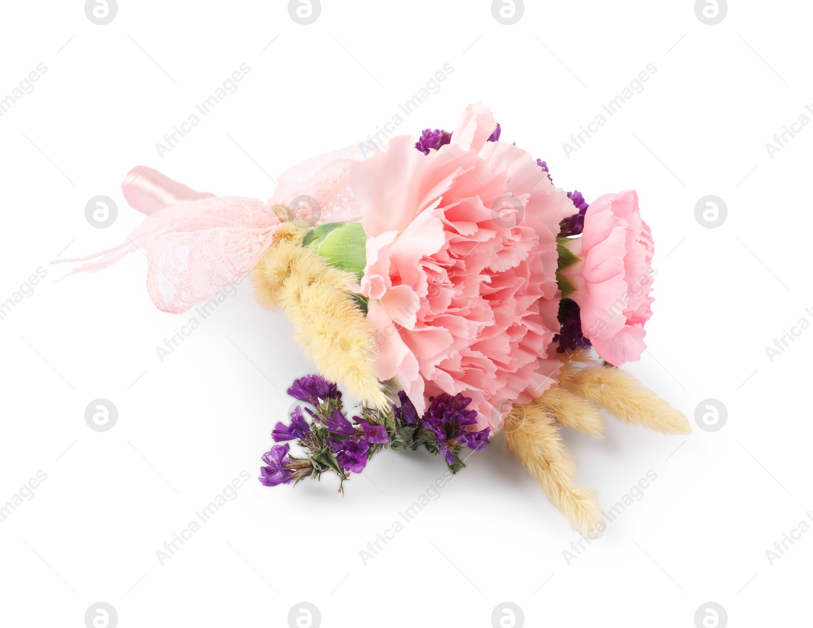 Boutonniere with beautiful flowers isolated on white Photo of Boutonniere with beautiful flowers isolated on white