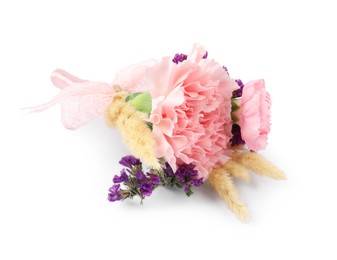 Photo of Boutonniere with beautiful flowers isolated on white