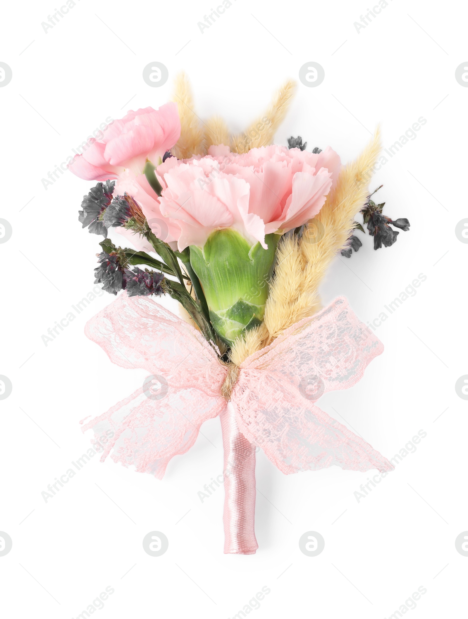 Photo of Boutonniere with beautiful flowers isolated on white, top view