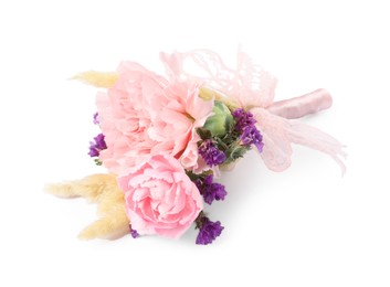 Photo of Boutonniere with beautiful flowers isolated on white