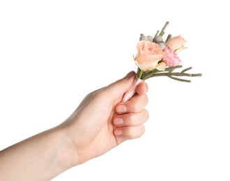 Photo of Woman with beautiful boutonniere on white background, closeup