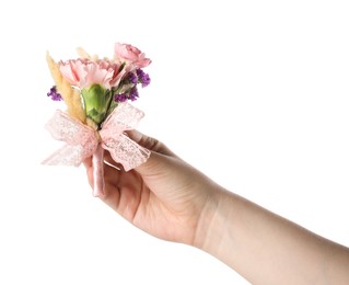 Photo of Woman with beautiful boutonniere on white background, closeup