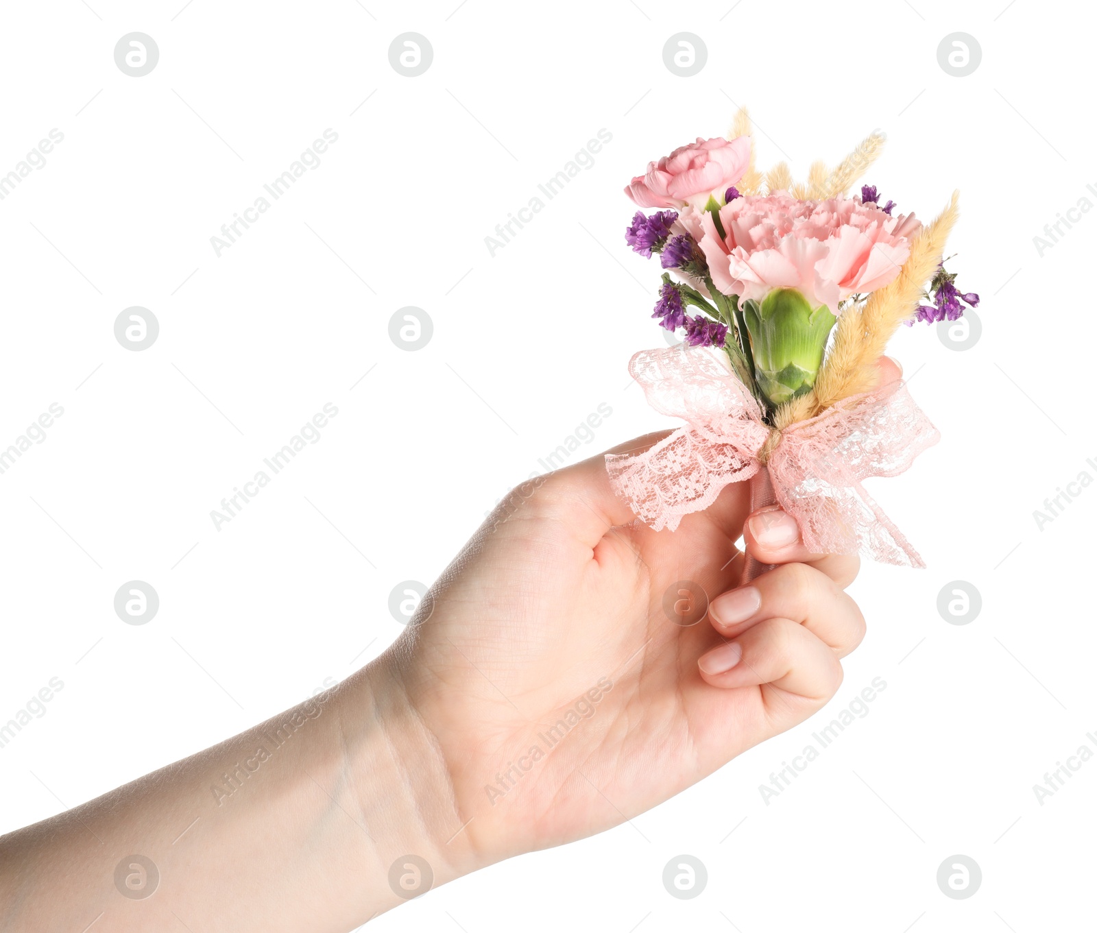 Photo of Woman with beautiful boutonniere on white background, closeup